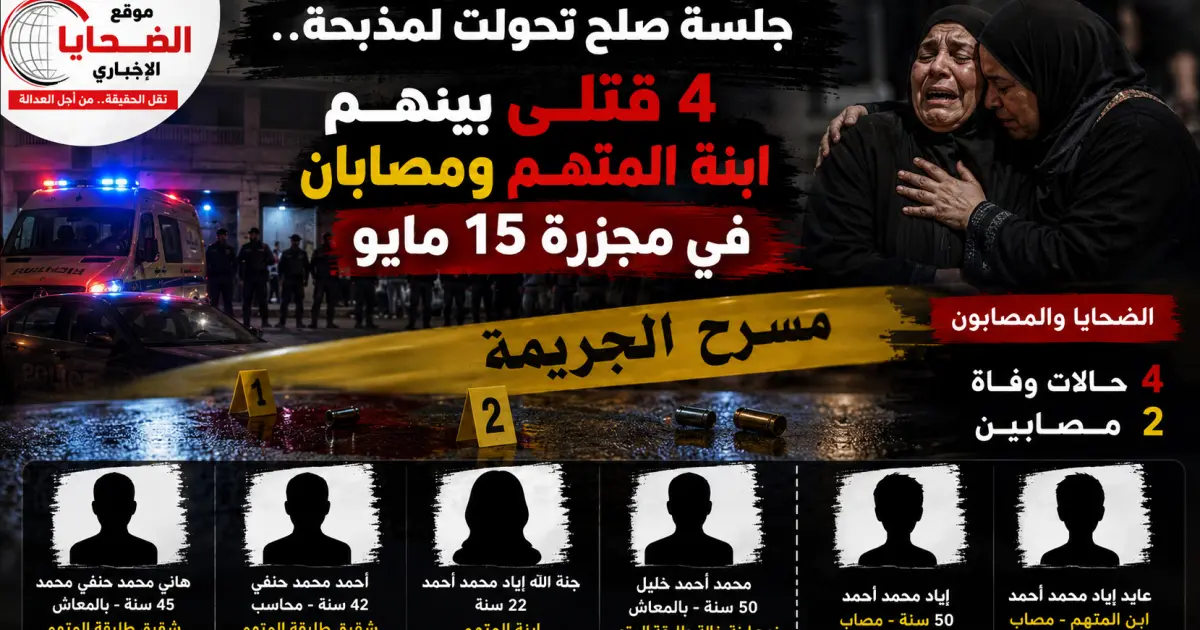 القصة كامله :: جلسة صلح تحولت لمذبحة».. 4 قتلى بينهم ابنة المتهم ومصابان في مجزرة 15 مايو