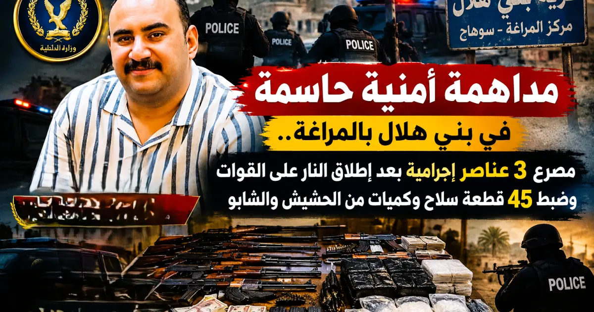 مداهمة أمنية حاسمة في بني هلال بالمراغة.. مصرع 3 عناصر إجرامية بعد إطلاق النار على القوات وضبط 45 قطعة سلاح وكميات من الحشيش والشابو